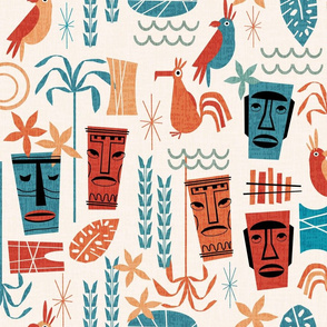 LARGE - Tropical Tiki design - tiki, albatross, hawaii, palm tree, palms - tropical print - rust