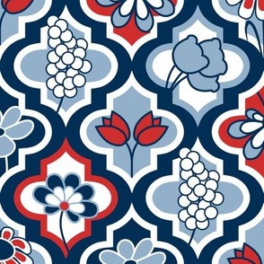 Floral Quatrefoil in Red, White, Blue