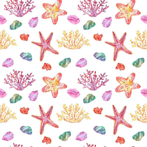Sea corals and sea stars seamless pattern watercolor illustration on white