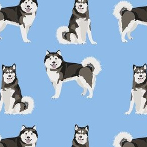 malamute fabric - alaskan malamute fabric, curly tail fabric, dog fabric, pet fabric -  blue