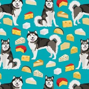 malamute cheese fabric - dog lover fabric, alaskan malamute fabric - cheese fabric - turquoise