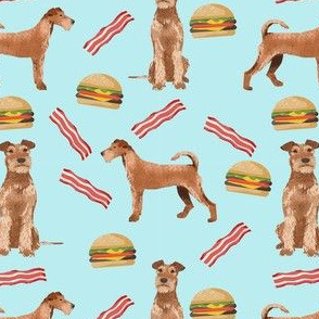 irish terrier burger bacon fabric - cookout fabric, cooking fabric, dogs fabric - blue