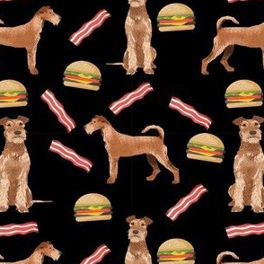 irish terrier burger bacon fabric - cookout fabric, cooking fabric, dogs fabric -  black