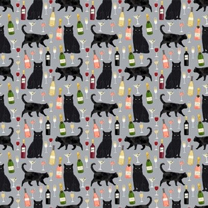 SMALL - black cat wine fabric cute rose  and cats fabric kitty cat fabric cat lady fabric - grey