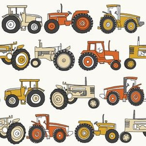 tractor fabric, tractors, vintage tractors  - neutral fabric, farm fabric, kids fabric - mustard