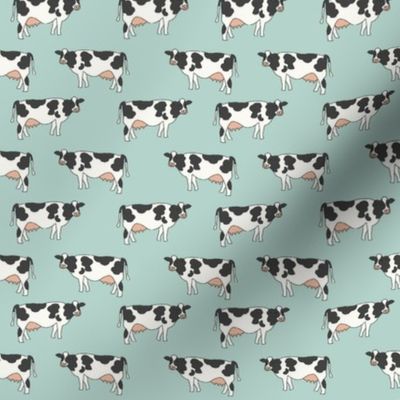 cow fabric - farmhouse fabric, farm fabric, farm animals fabric, dairy cow fabric, holstein, fresian -mint