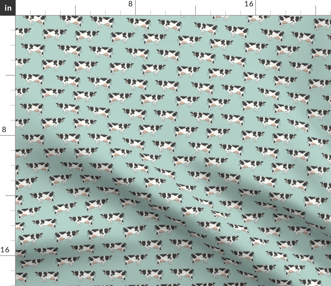 cow fabric - farmhouse fabric, farm fabric, farm animals fabric, dairy cow fabric, holstein, fresian -mint