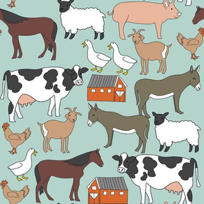 farm animals fabric - farm fabric, farm animals fabric, cow, sheep, horse, donkey, chicken - mint