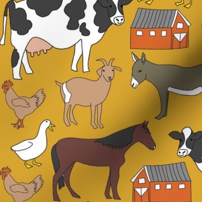 farm animals fabric - farm fabric, farm animals fabric, cow, sheep, horse, donkey, chicken - mustard