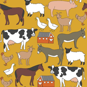 farm animals fabric - farm fabric, farm animals fabric, cow, sheep, horse, donkey, chicken - mustard