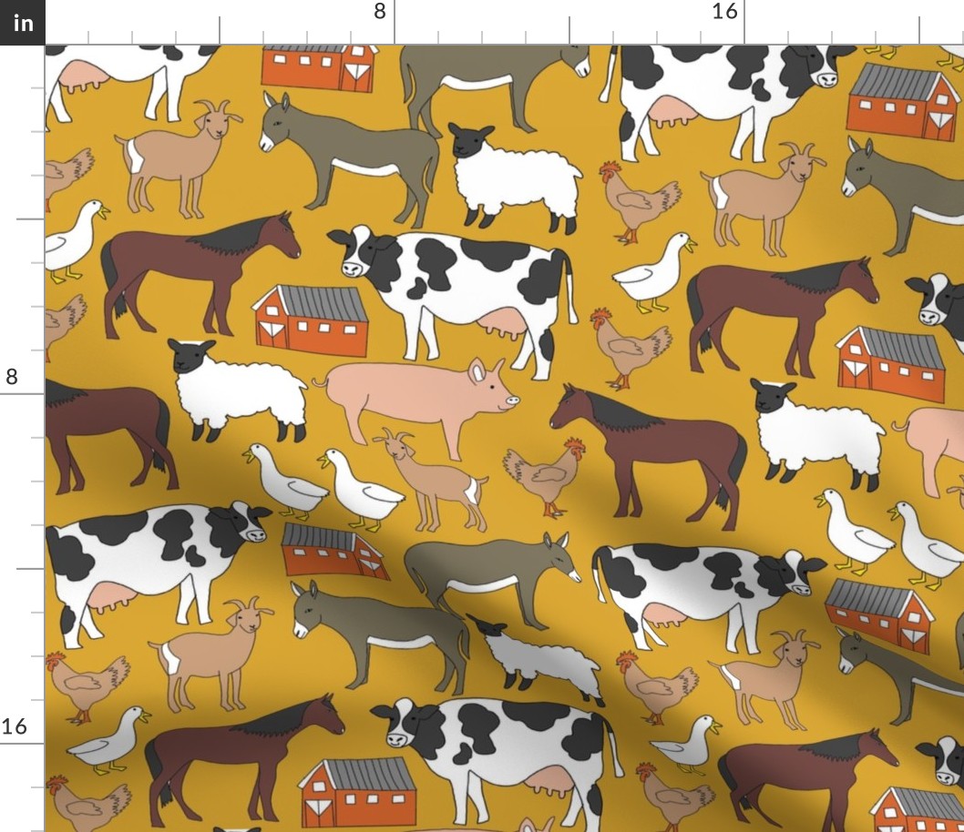 farm animals fabric - farm fabric, farm animals fabric, cow, sheep, horse, donkey, chicken - mustard