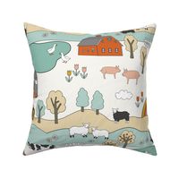 LARGE farmyard fabric, neutral colors, farm animals, farmhouse design, kids farm fabric