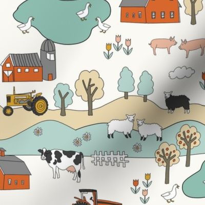 MED farmyard fabric, neutral colors, farm animals, farmhouse design, kids farm fabric