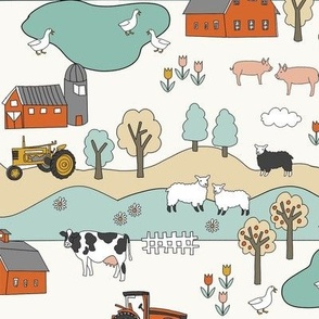 MED farmyard fabric, neutral colors, farm animals, farmhouse design, kids farm fabric