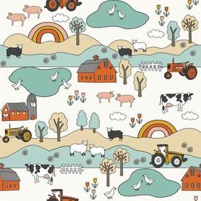 SMALL - farmyard fabric, neutral colors, farm animals, farmhouse design, kids farm fabric