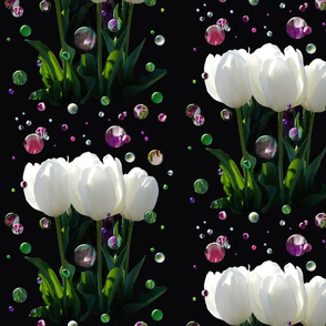 White Tulips and Bubbles on Black-Green