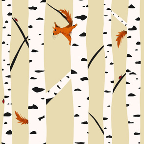 Squirrels and ladybirds in a birch forest