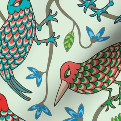 THREE LITTLE BIRDS Cute Kawaii Birds Colourful Branches Flowers Floral Botanical in Red Turquoise Pink Green on Mint - LARGE Scale - UnBlink Studio by Jackie Tahara