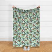 THREE LITTLE BIRDS Cute Kawaii Birds Colourful Branches Flowers Floral Botanical in Red Turquoise Pink Green on Mint - LARGE Scale - UnBlink Studio by Jackie Tahara