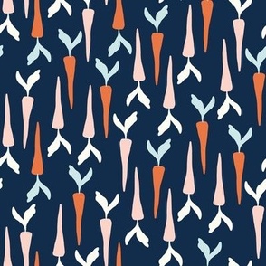 carrot garden // pink and orange carrots on dark blue