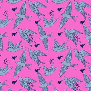 bluebirds, swallows on hot pink