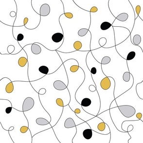 Unisex white background with black, silver & gold doodled lines and bubbles