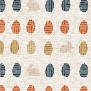 Medium // Easter eggs in blue, mustard and orange with rabbits