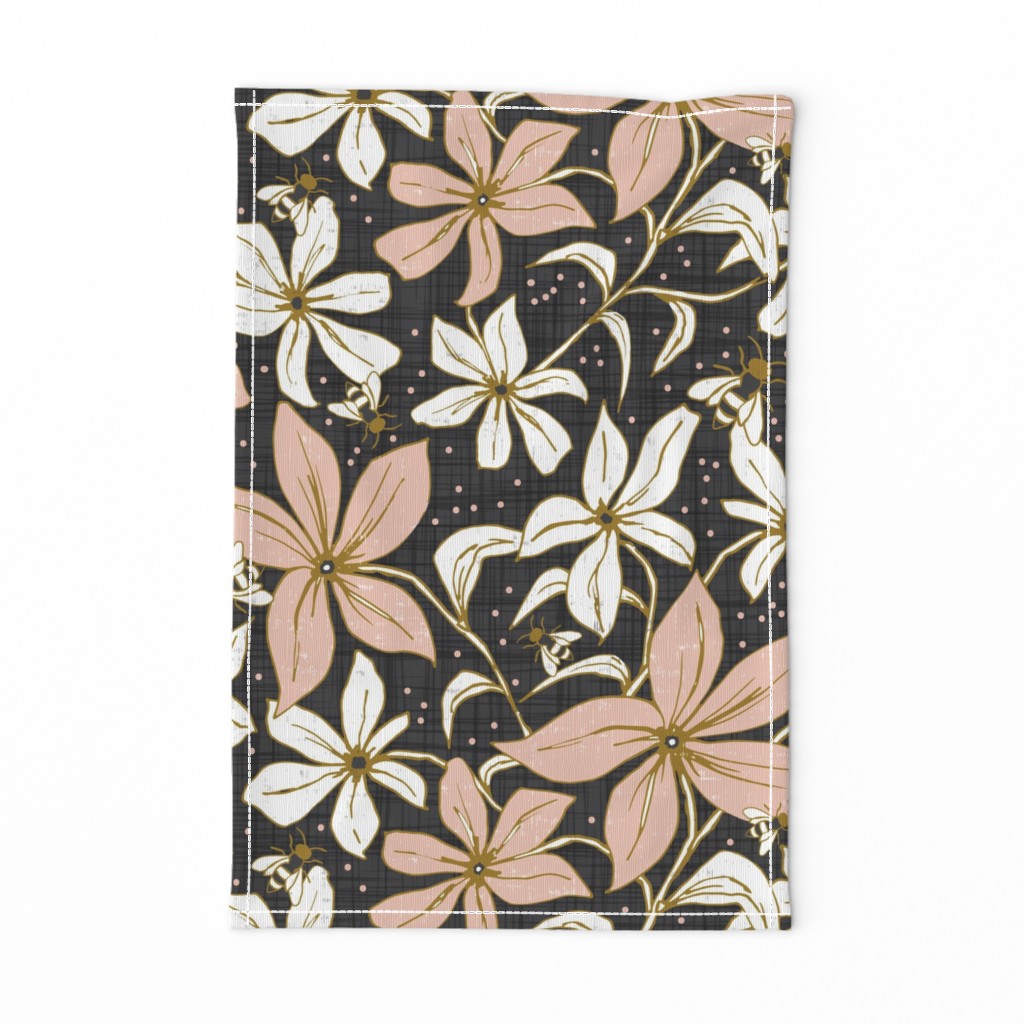 Lilium Pollination - Floral Charcoal Black & Blush Pink Bees Large Scale 