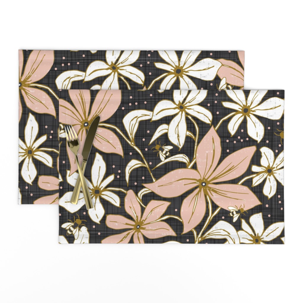 Lilium Pollination - Floral Charcoal Black & Blush Pink Bees Large Scale 