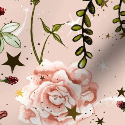 Moon and Stars Cottagecore Floral Large Scale on pink, blush moon and stars, stars and flowers, vintage, hand-painted, watercolor, nursery, baby girl, roses