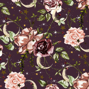 Stars and Moon Boho Floral Large Scale on Dusty Plum, Purple, baby girl nursery wallpaper, roses, vintage, stars and flowers, autumn floral, baby girl, nursery, wallpaper