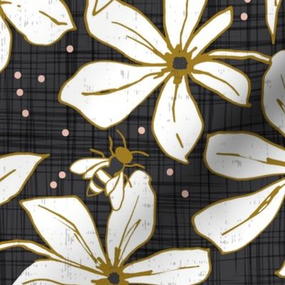 Lilium Pollination - Floral Charcoal Black & White Bees Large Scale 