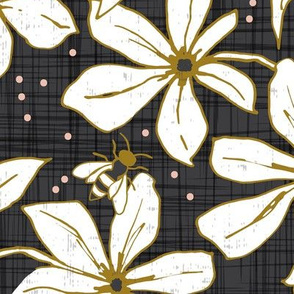 Lilium Pollination - Floral Charcoal Black & White Bees Large Scale 