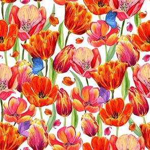 Large tulips with leaves and butterflies