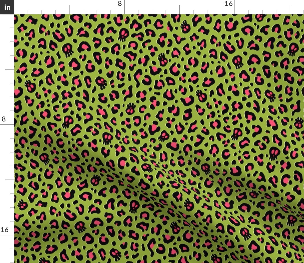 ★ SKULLS x LEOPARD ★ Lime Green and Pink - Medium-Small Scale / Collection : Leopard Spots variations – Punk Rock Animal Prints 3