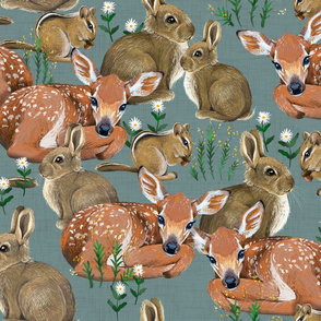 Spring Flora and Fauna // Forest Friends on Blue Linen