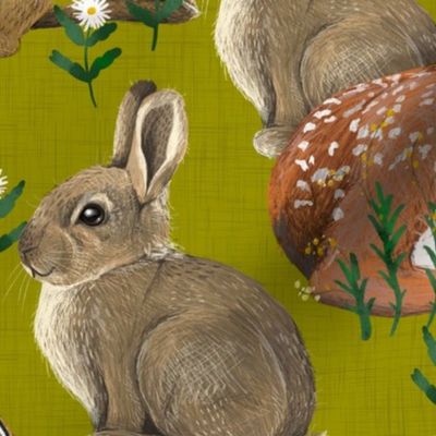 Spring Flora and Fauna // Forest Friends on Green-Yellow Linen