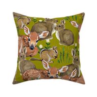 Spring Flora and Fauna // Forest Friends on Green-Yellow Linen