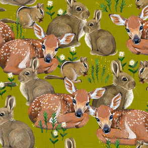 Spring Flora and Fauna // Forest Friends on Green-Yellow Linen