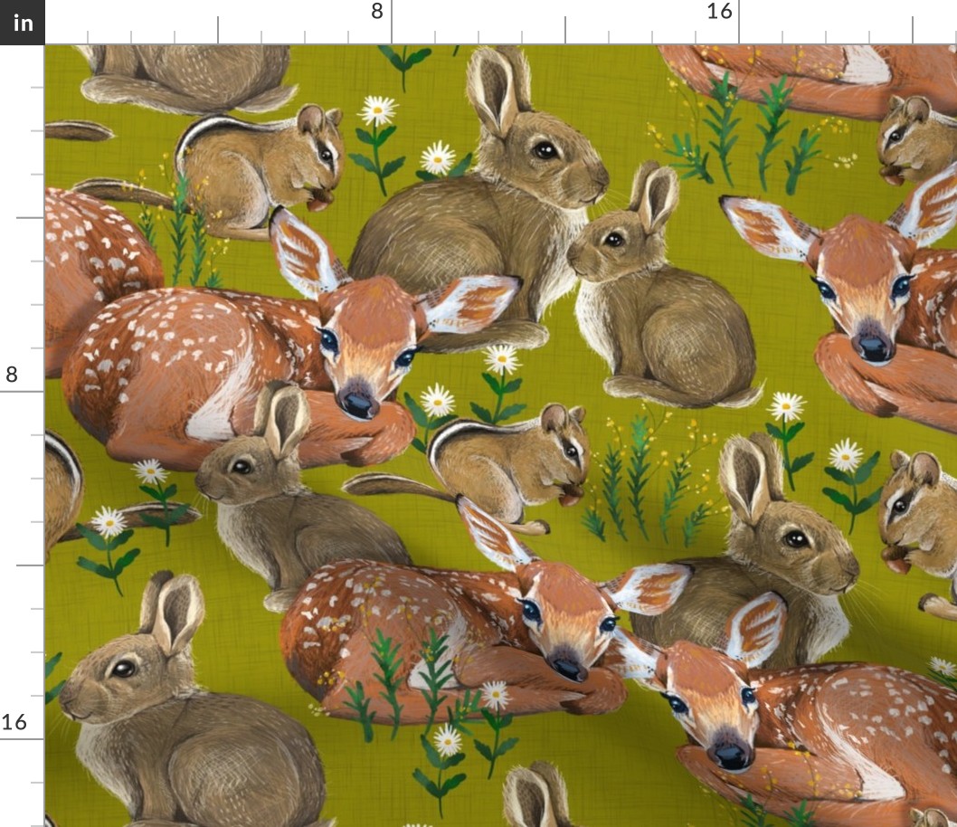 Spring Flora and Fauna // Forest Friends on Green-Yellow Linen
