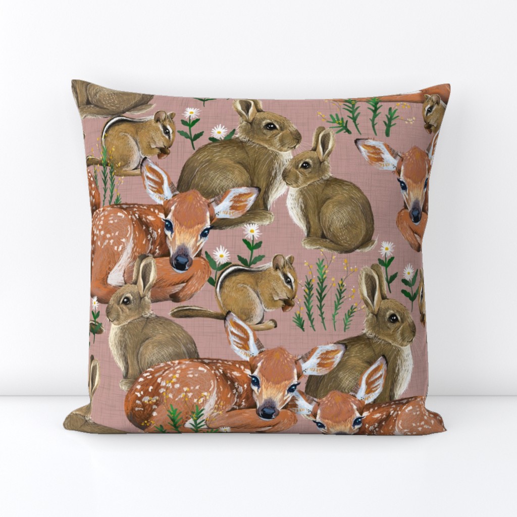 Spring Flora and Fauna // Forest Friends on Rose Linen // {larger scale}