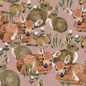 Spring Flora and Fauna // Forest Friends on Rose Linen // {larger scale}