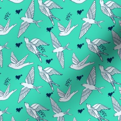 swallows flying free with love hearts on biscay mint green