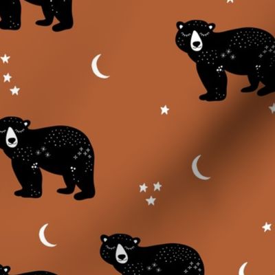 Little kawaii sleepy bear midnight moon and stars polar bear constellation universe design russet rust copper brown neutral