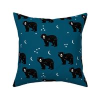 Little kawaii sleepy bear midnight moon and stars polar bear constellation universe design russet navy blue boys