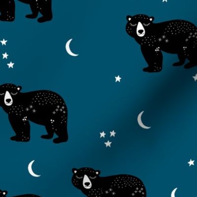 Little kawaii sleepy bear midnight moon and stars polar bear constellation universe design russet navy blue boys