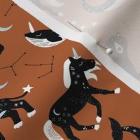 Little kawaii sleepy zodiac signs midnight moon and stars horse whale bear and lion constellation universe design russet rust copper neutral
