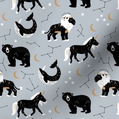 Little kawaii sleepy zodiac signs midnight moon and stars horse whale bear and lion constellation universe design soft moody blue boys