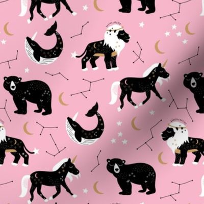 Little kawaii sleepy zodiac signs midnight moon and stars horse whale bear and lion constellation universe design pastel pink girls