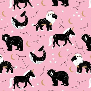 Little kawaii sleepy zodiac signs midnight moon and stars horse whale bear and lion constellation universe design pastel pink girls